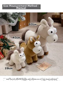 Guide des tailles du poney en peluche marron avec mesures de 28cm 40cm et 60cm