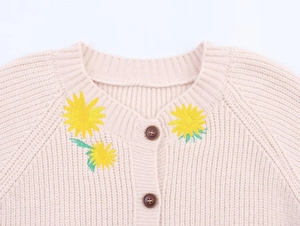 Close-up of yellow daisy embroidery on a cream chunky knit cardigan with buttons
