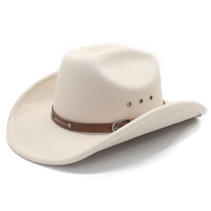 Classic cream felt cowboy hat with brown leather belt buckle and metal eyelets