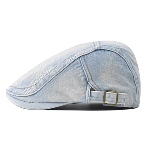 Classic light blue washed denim ivy cap with vintage side buckle and distressed detail