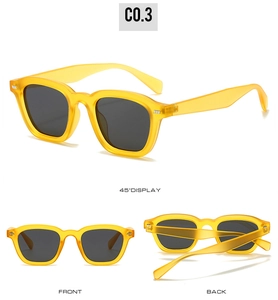 Detail view of square matte yellow sunglasses with grey lenses from multiple angles