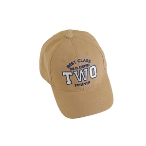 Khaki cotton kids baseball cap with navy blue 'TWO' embroidery in preppy style
