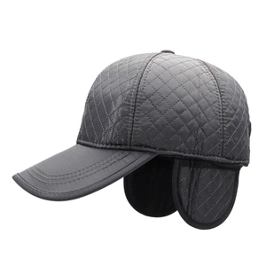 Grey quilted winter baseball cap for men with protective ear flaps for cold weather