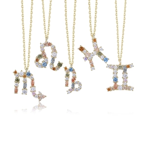 S925 sterling silver rainbow zodiac necklaces with colorful zircon pendants on white background