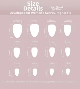 Guide des tailles pour faux ongles amande courte avec 24 pièces et 12 mesures précises