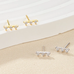 Elegant S925 silver stud earrings with three horizontal clear zircons in gold and silver