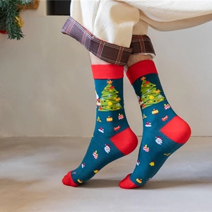 Christmas cotton mid-calf socks with Santa and reindeer patterns in dark green and red