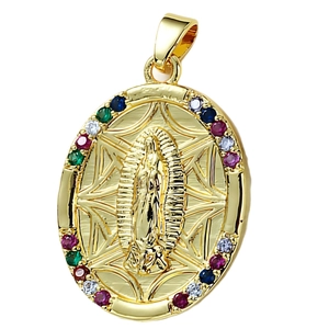Golden Virgin Mary pendant with multi-color zircon stones in an oval relief design