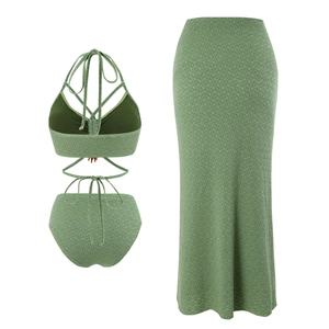 Three-piece sage green textured bikini set with a matching long sarong beach skirt