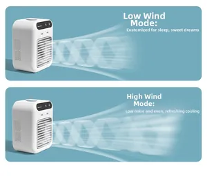 Detail of portable pet cooling fan showing two adjustable wind speed modes and air outlets