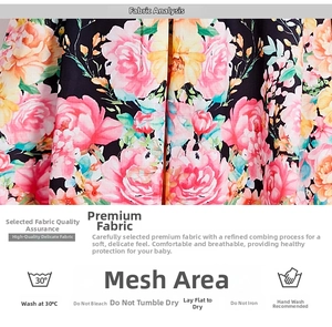 Macro detail of breathable floral fabric featuring pink and yellow roses with care icons