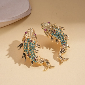 Elegant Chinese style gold fish earrings with blue and magenta rhinestones for women