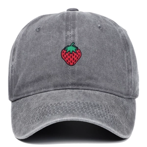 Dark grey washed cotton baseball cap with red embroidered strawberry on front panel