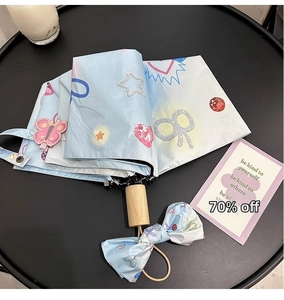 Three-fold light blue sun umbrella with sequined star prints and wooden handle