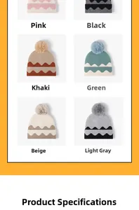 Detailed grid of knitted pom-pom beanies showing pink, black, khaki, and beige color options