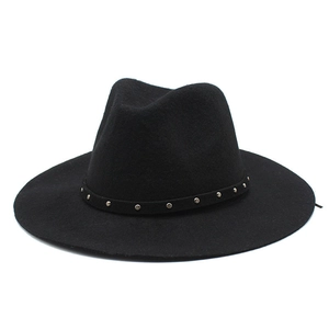 Classic black wool fedora hat with silver studded band for autumn and winter outfits
