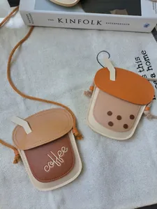 Creative coffee and milk tea cup shaped PU leather crossbody bags for kids with straps