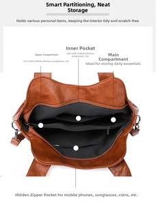 Detailed top view of the brown leather tote bag showing internal multi-layer compartments