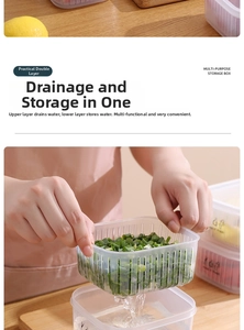 Detailed view of a double-layer kitchen storage box with a strainer for fresh scallions