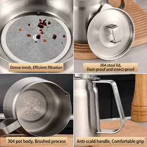 304 stainless steel oil filter pot with fine mesh strainer and ergonomic handle