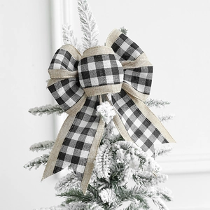 Christmas black and white buffalo plaid bow topper for rustic holiday tree decoration