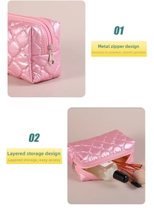 Pink quilted makeup bag detail with metal heart zipper pull and layered storage