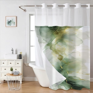 Close-up of waterproof dual-layer shower curtain with green smoke pattern and metal eyelets