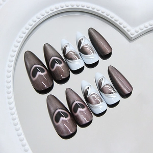 Lot de 24 faux ongles avec cœur œil de chat gris et motif cygne bleu sur plateau