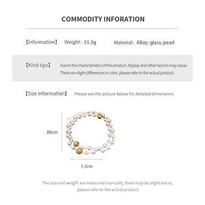 Detailed size specifications for a retro grey pearl beaded long necklace with gold accents