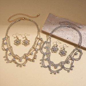 Luxury water drop floral jewelry set with sparkling rhinestones in gold and silver finish