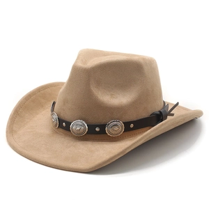 Western Cowboy Hat Faux Suede Wide Brim Vintage Style With Leather Band Metal Concho Unisex