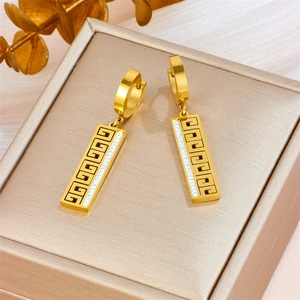 Stainless Steel Rectangle Dangle Earrings For Women Geometric Greek Key Pattern Hollow Rhinestone Hoop Jewelry Fashion