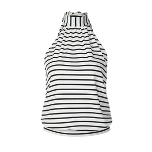 Macro detail of high-neck sleeveless halter top with classic black and white stripes