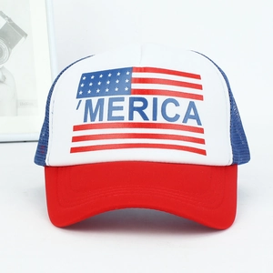 Detail of red white blue mesh trucker hat with 'MERICA US flag print on foam front panel