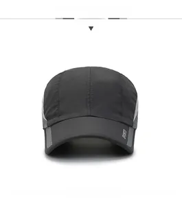 Detail of dark gray quick-dry sports cap featuring gray breathable mesh and SPORTS text