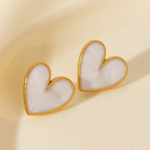 304 stainless steel heart stud earrings with gold twisted frame and white inlay