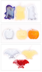 Detail view of Halloween silicone molds with ghost, pumpkin, and bat wax melts