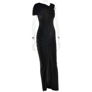 Detail of black one-shoulder maxi dress featuring elegant pleated waist and side slit