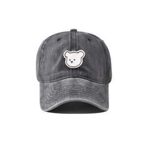 Washed charcoal cotton baseball cap with cute white bear embroidery for outdoor wear