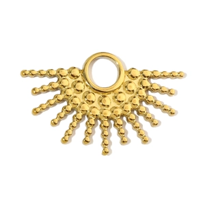 Detail of golden stainless steel fan-shaped pendant with sunburst beaded texture