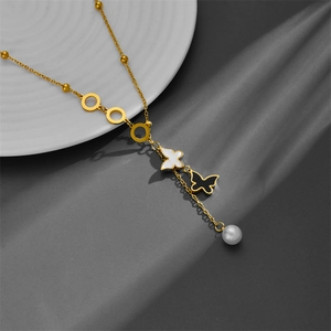 Elegant gold titanium steel necklace with butterfly shell charms and pearl pendant