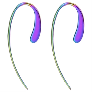 Detailed view of teardrop rainbow titanium steel drop earrings with iridescent finish