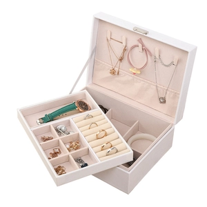 Double-layer white jewelry storage box with lock and velvet interior for rings and watches