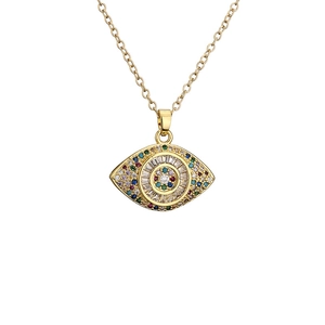 Golden Evil Eye necklace with colorful crystal pendant on a white background