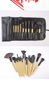 Macro view of 24pcs wood makeup brush set with dark bristles and black PU leather roll pouch