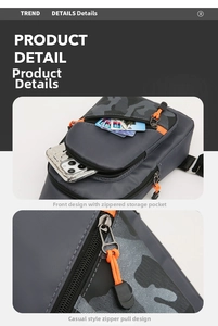Detail of dark gray camo chest bag with durable nylon fabric and orange zipper pulls