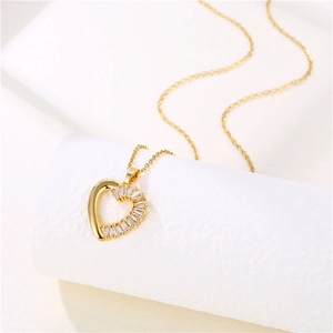 18K gold plated stainless steel heart pendant necklace with zircon inlay for women