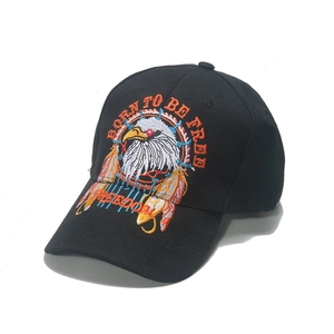 Black cotton baseball cap with embroidered eagle, Born To Be Free text and curved brim