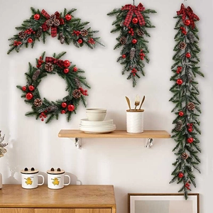 Christmas Wreath Garland Artificial Frosted Pine Needle With Red Berry Pine Cone Buffalo Plaid Bow For Holiday Home Decor