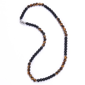 Detail of 6mm map stone beads with tiger eye and matte black stone on a beaded necklace